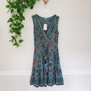 Nostalgia Floral Boho Printed Midi Dress Aqua Tassel Ties NWT Size M